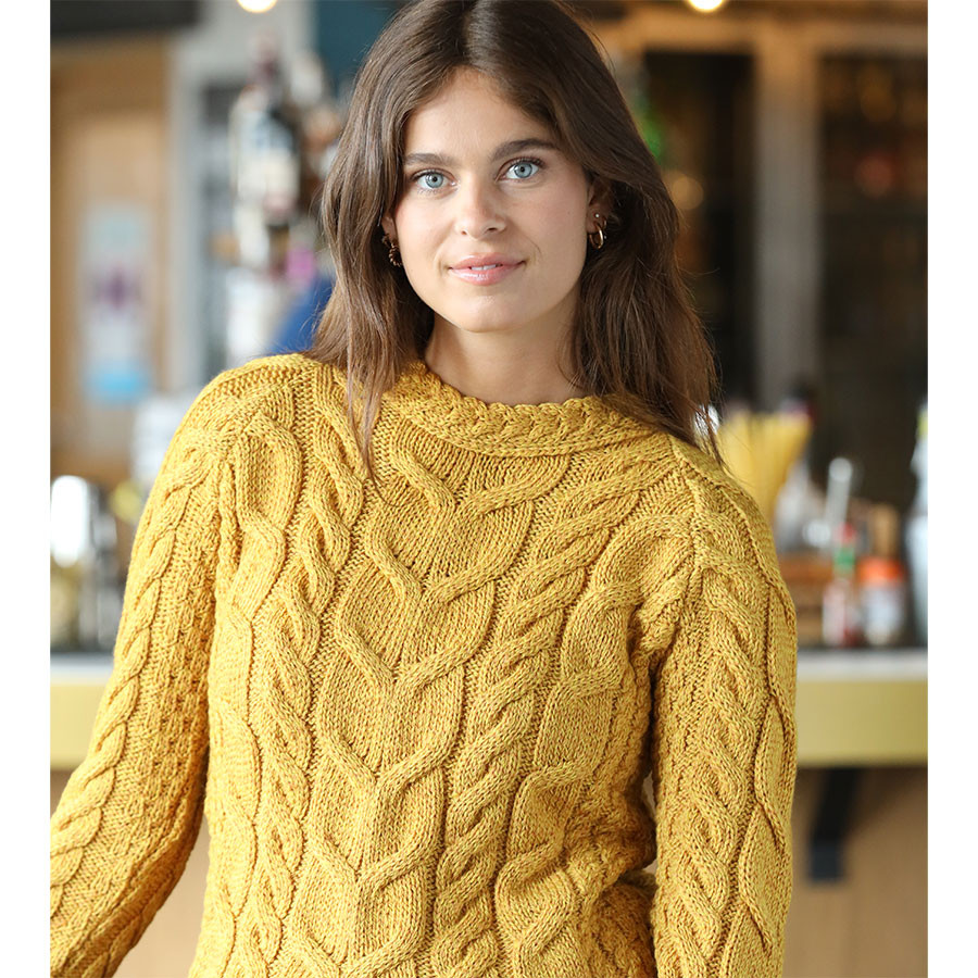 Mustard yellow cotton sweater with cable knit